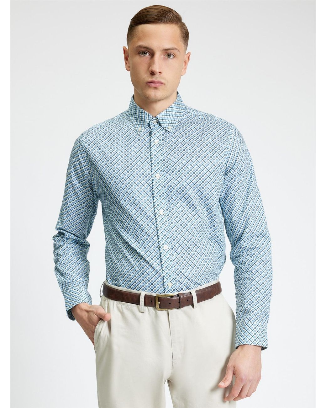 Ben Sherman Long Sleeve Split Geo Print Shirt In Powder Blue for men