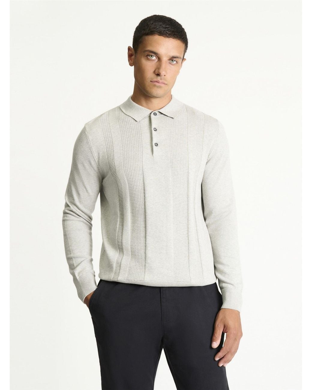 Ben Sherman White Long Sleeve Textured Polo In Grey Marl for men