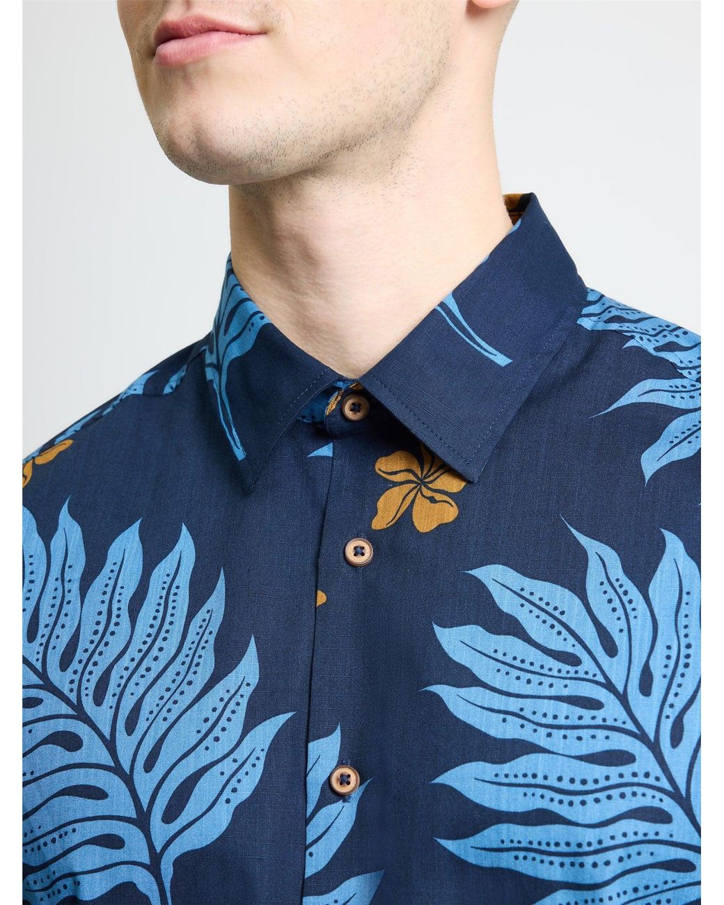 Ben Sherman Blue Short Sleeve Botantical Print Shirt In Dark Navy for men