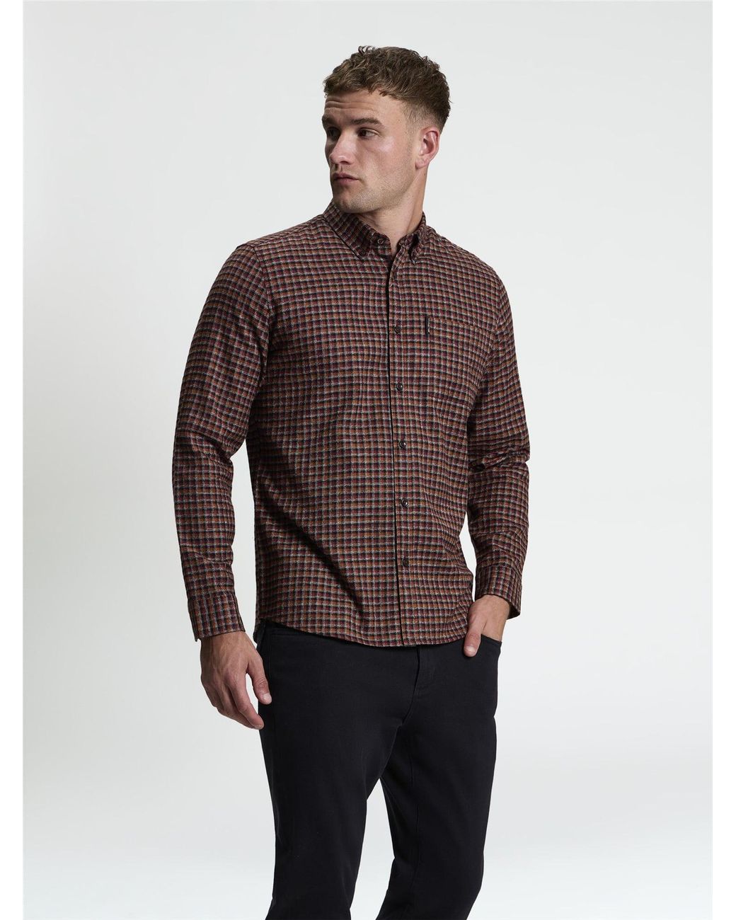 Ben Sherman Brown Long Sleeve Abstract Check Shirt In Sienna for men