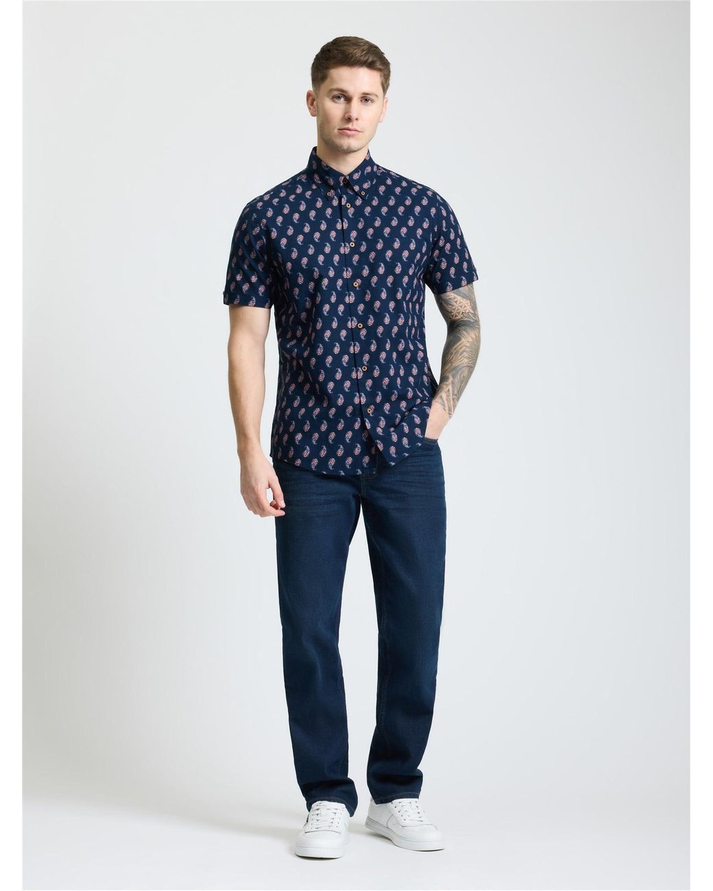 Ben Sherman Blue Short Sleeve Paisley Print Shirt In Dark Navy for men