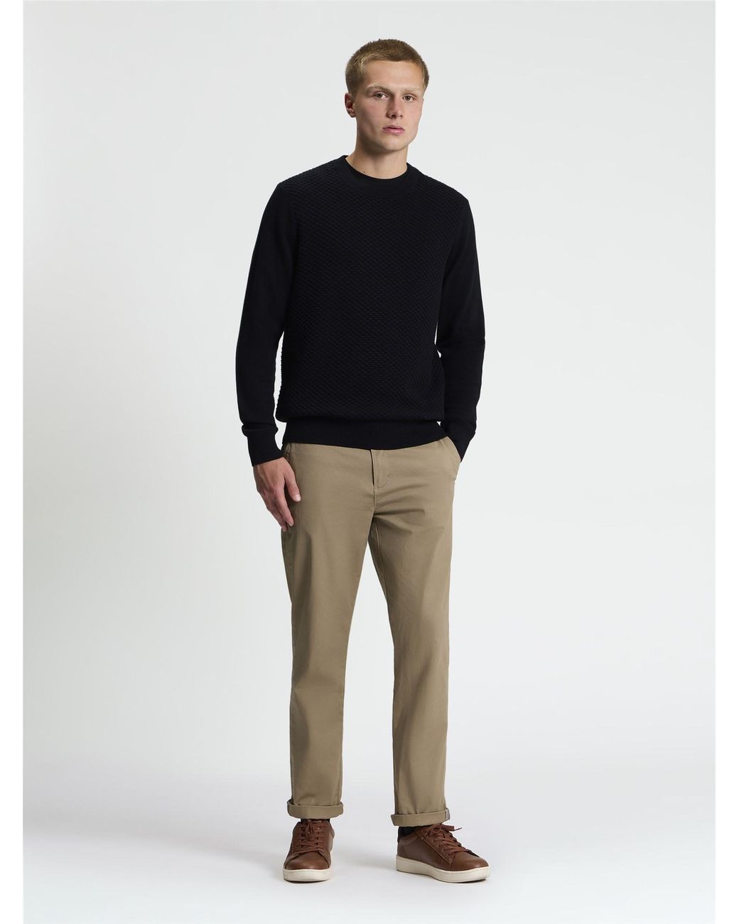 Ben Sherman Blue Long Sleeve Texture Front Crew Neck Jumper In Black for men