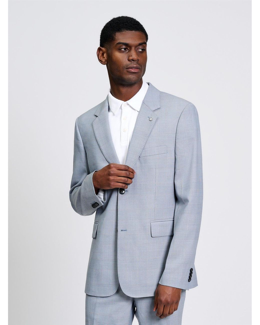 Ben Sherman White Prince Of Wales Wool Check Jacket In Light Blue for men