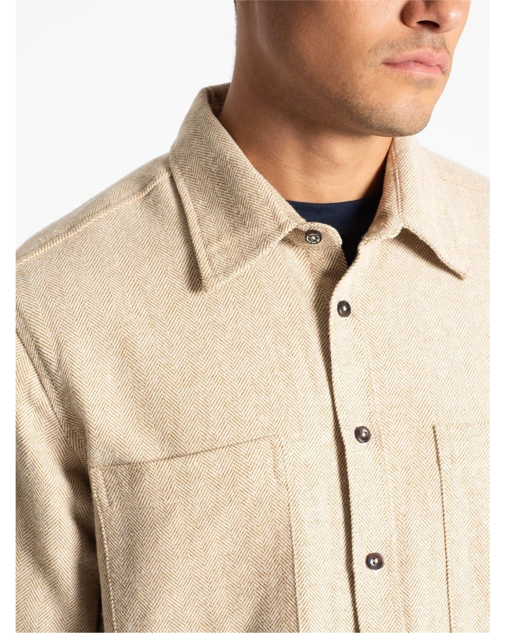 Ben Sherman Natural Long Sleeve Brushed Herringbone Overshirt In Bronze for men