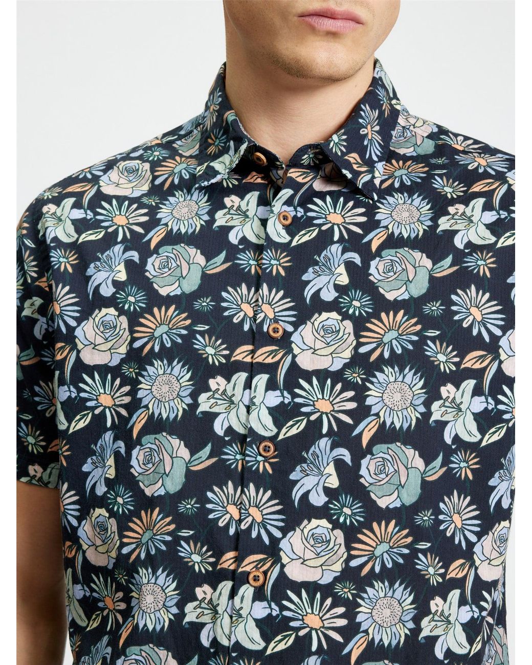 Ben Sherman Blue Short Sleeve Watercolour Floral Print Shirt In Black for men