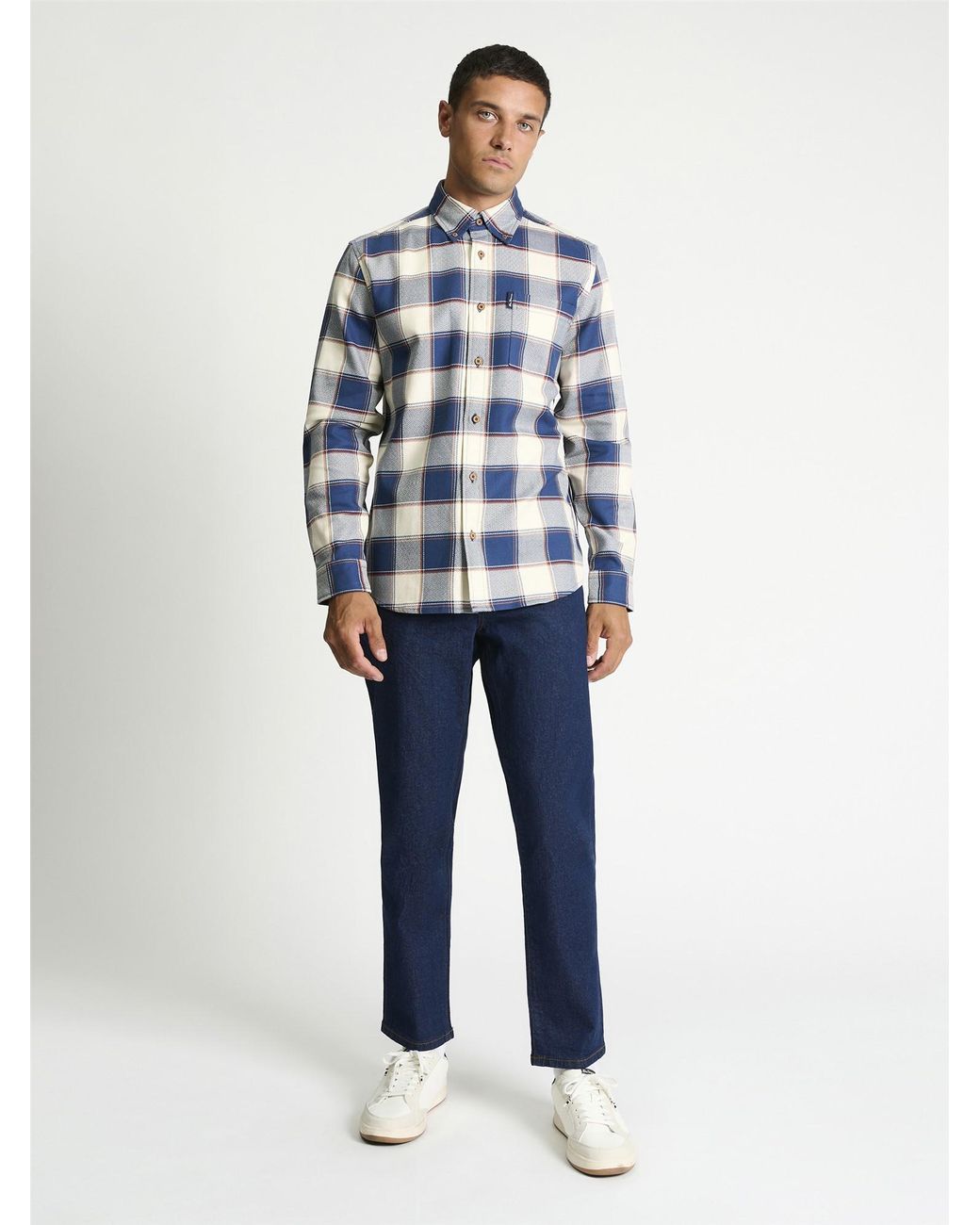 Ben Sherman Long Sleeve Geo Gingham Check Shirt In Blue Denim for men