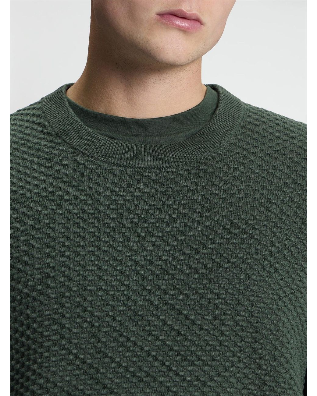 Ben Sherman Long Sleeve Texture Front Crew Neck Jumper In Bottle Green for men