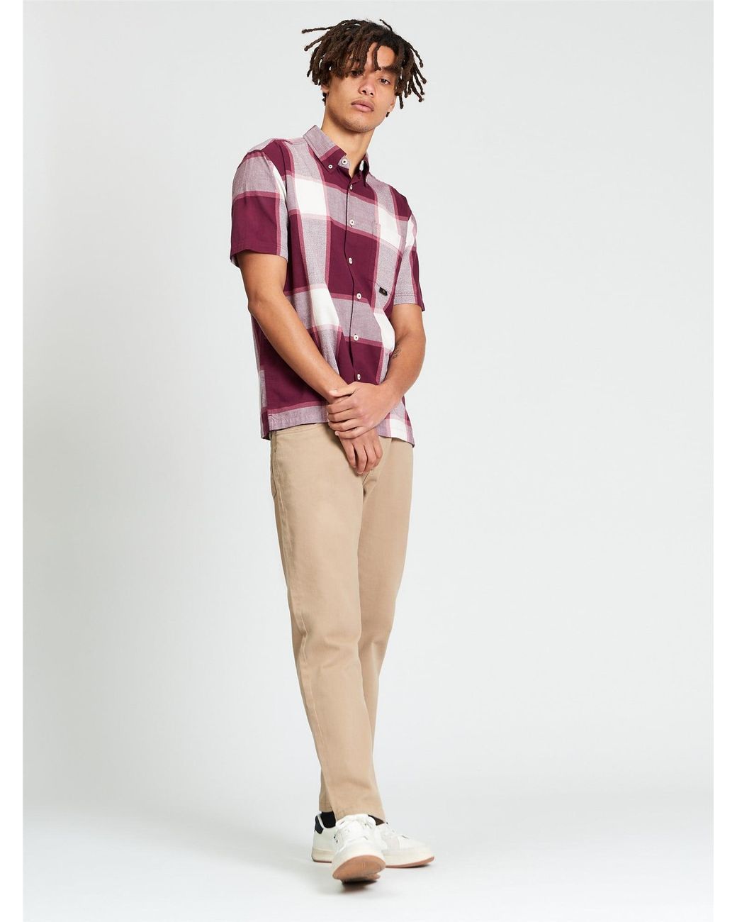 Ben Sherman Red Short Sleeve Crepe Check Shirt In Aubergine for men
