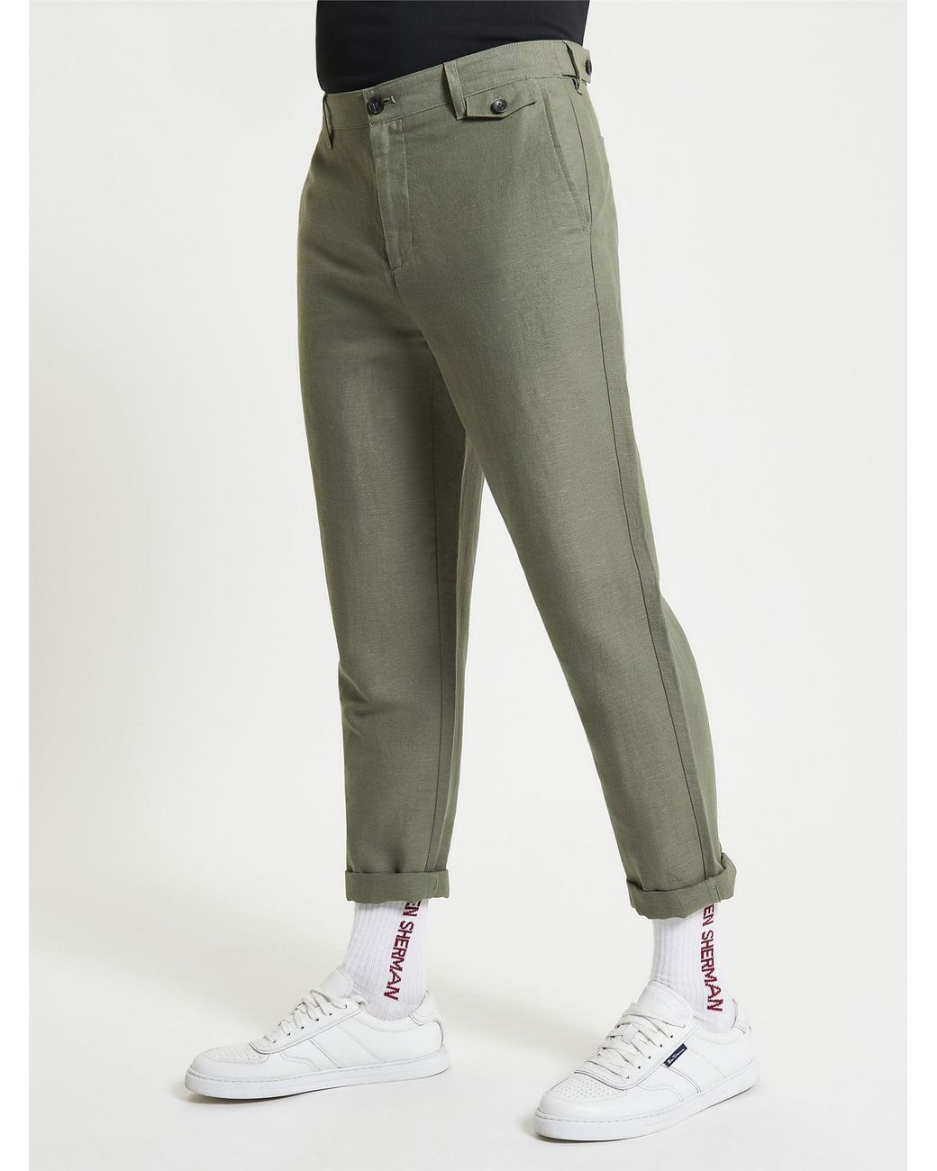Ben Sherman Green Linen Cotton Trousers In Olive for men