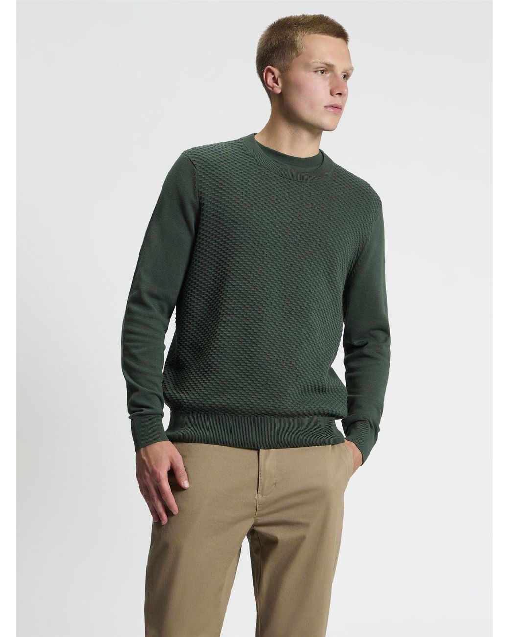 Ben Sherman Long Sleeve Texture Front Crew Neck Jumper In Bottle Green for men