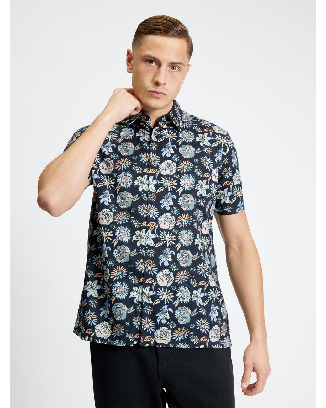 Ben Sherman Blue Short Sleeve Watercolour Floral Print Shirt In Black for men
