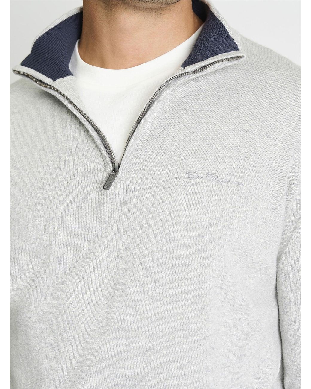 Ben Sherman White Long Sleeve 1/4 Zip Funnel Neck Sweater In Grey Marl for men