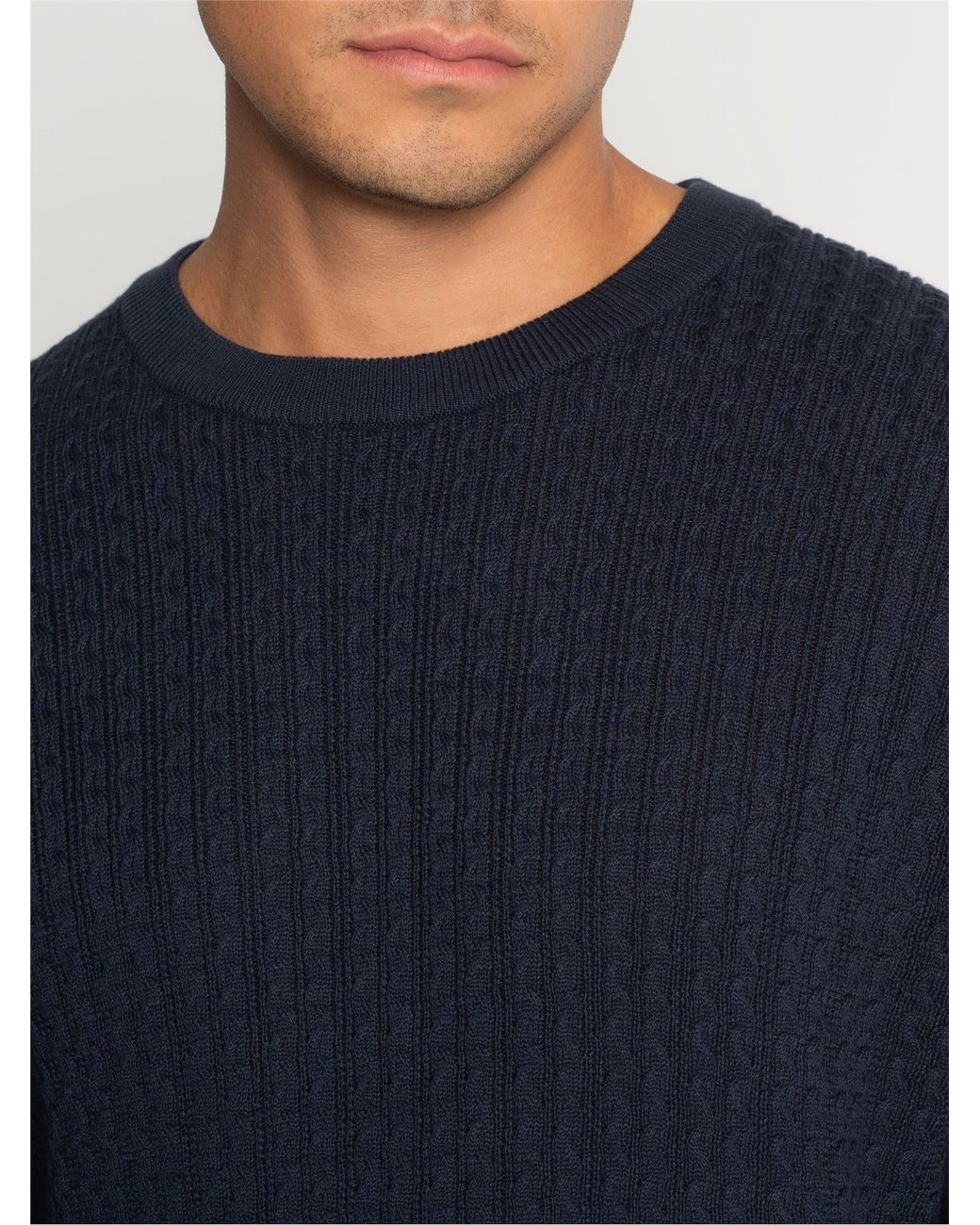 Ben Sherman Blue Textured Front Crew Sweater In Dark Navy for men