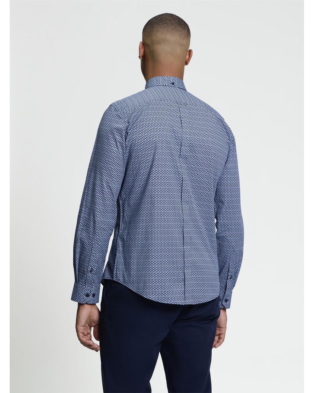 Ben Sherman Blue Long Sleeve Mono Print Shirt In Marine for men