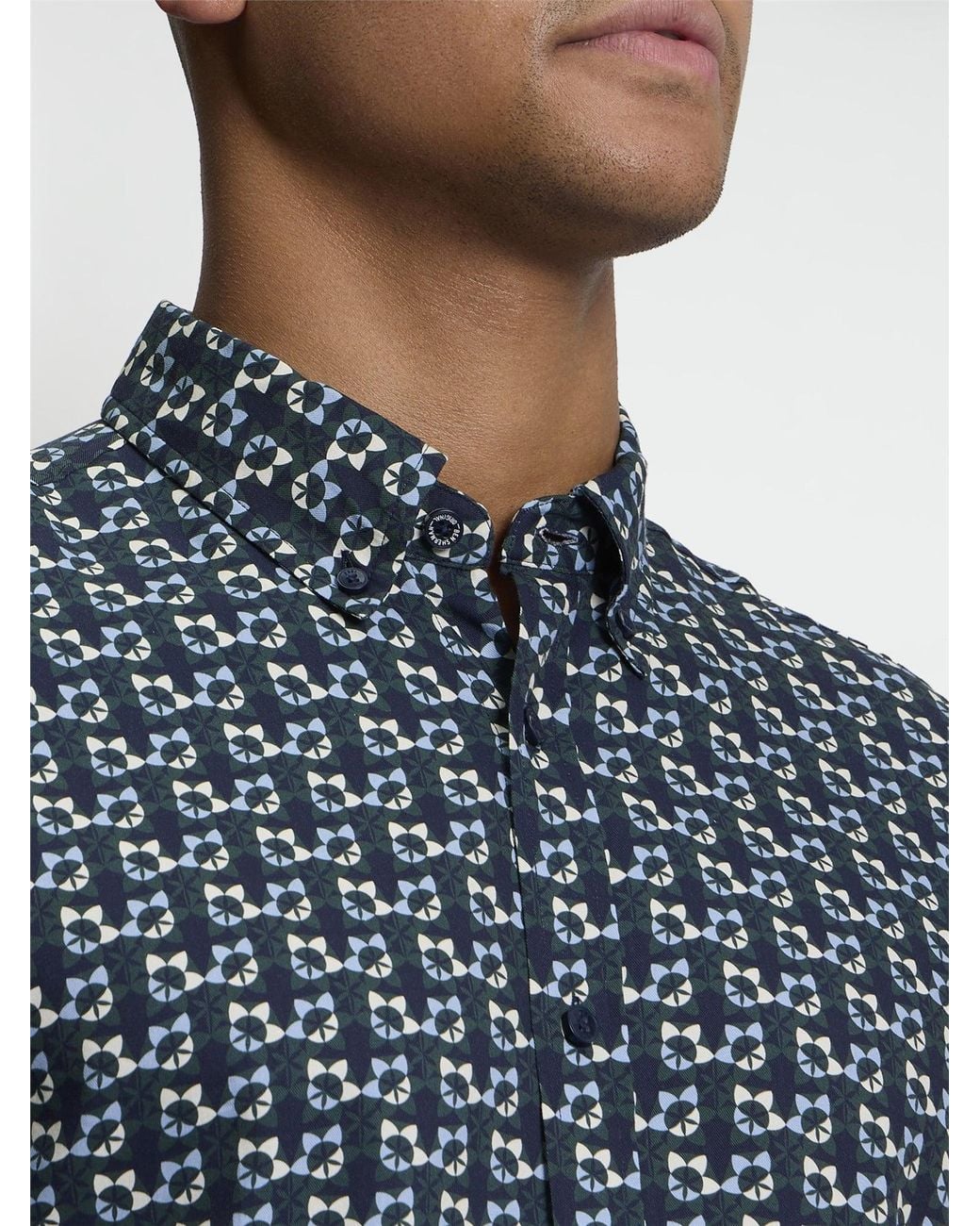 Ben Sherman Blue Long Sleeve Foulard Print Shirt In Lotus Green for men