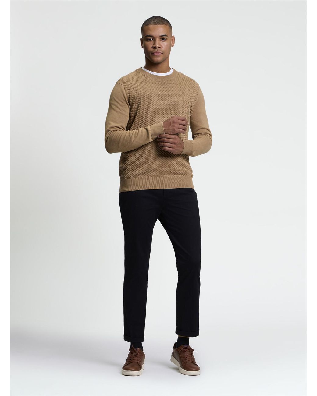 Ben Sherman Natural Long Sleeve Texture Front Crew Neck Jumper In for men