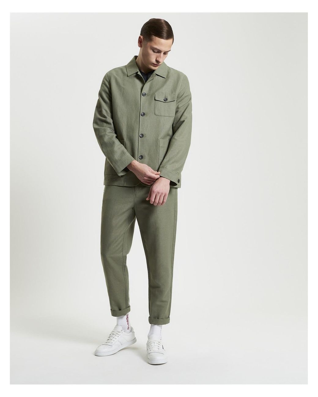 Ben Sherman Green Linen Cotton Trousers In Olive for men
