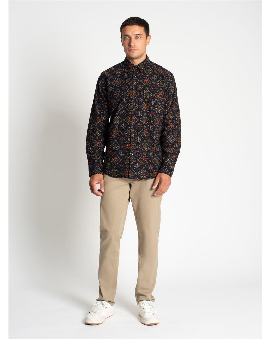 Ben Sherman Black Long Sleeve Foulard Print Cord Shirt In Khaki for men