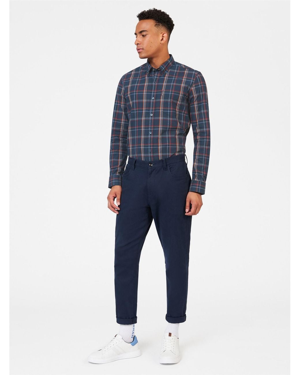 Ben Sherman Blue Long Sleeve Linear Check Shirt In Dark Navy for men