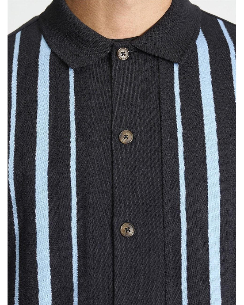 Ben Sherman Blue Button Through Stripe Polo Shirt In Black for men