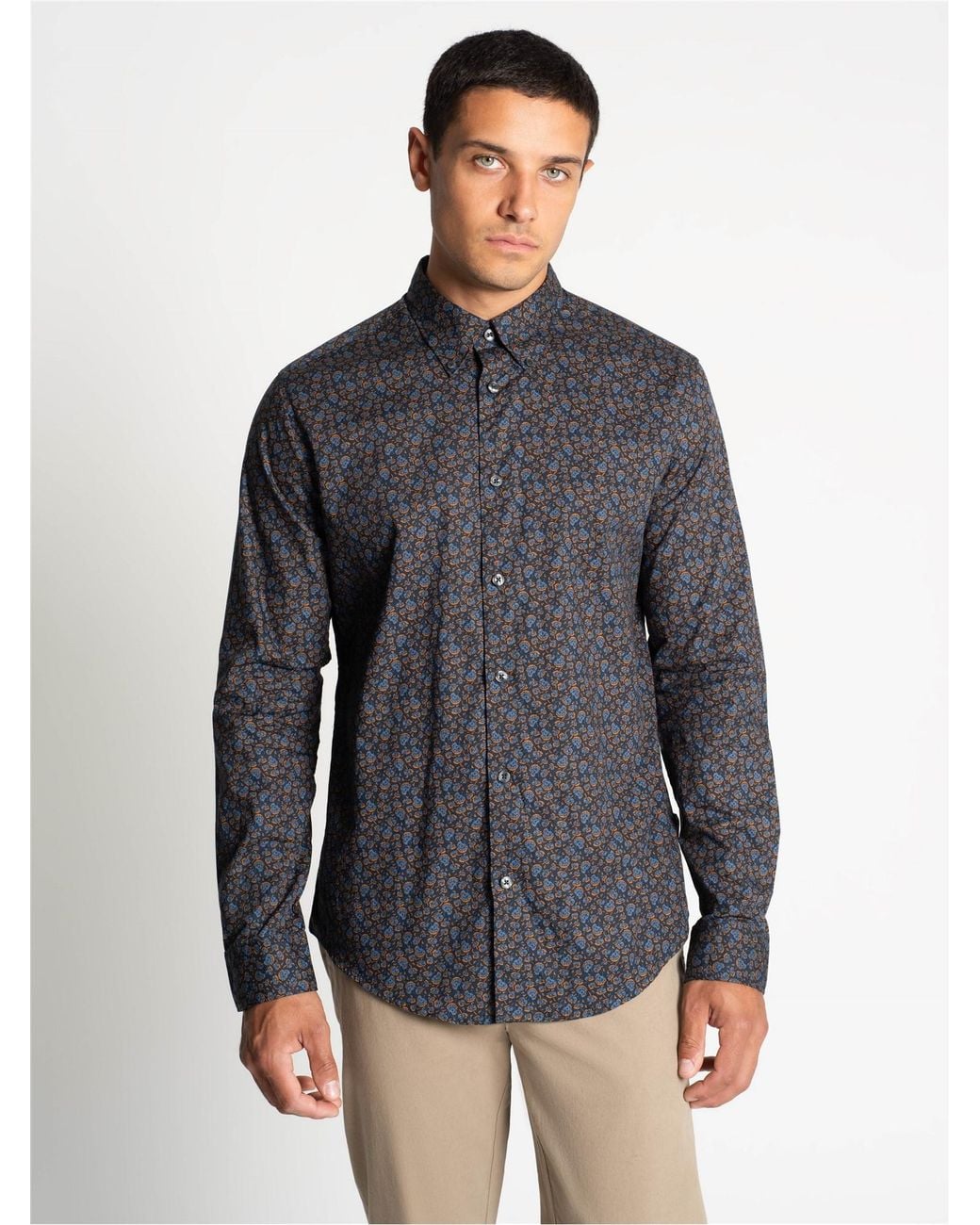 Ben Sherman Gray Long Sleeve Scattered Floral Print Shirt In Dark Navy for men