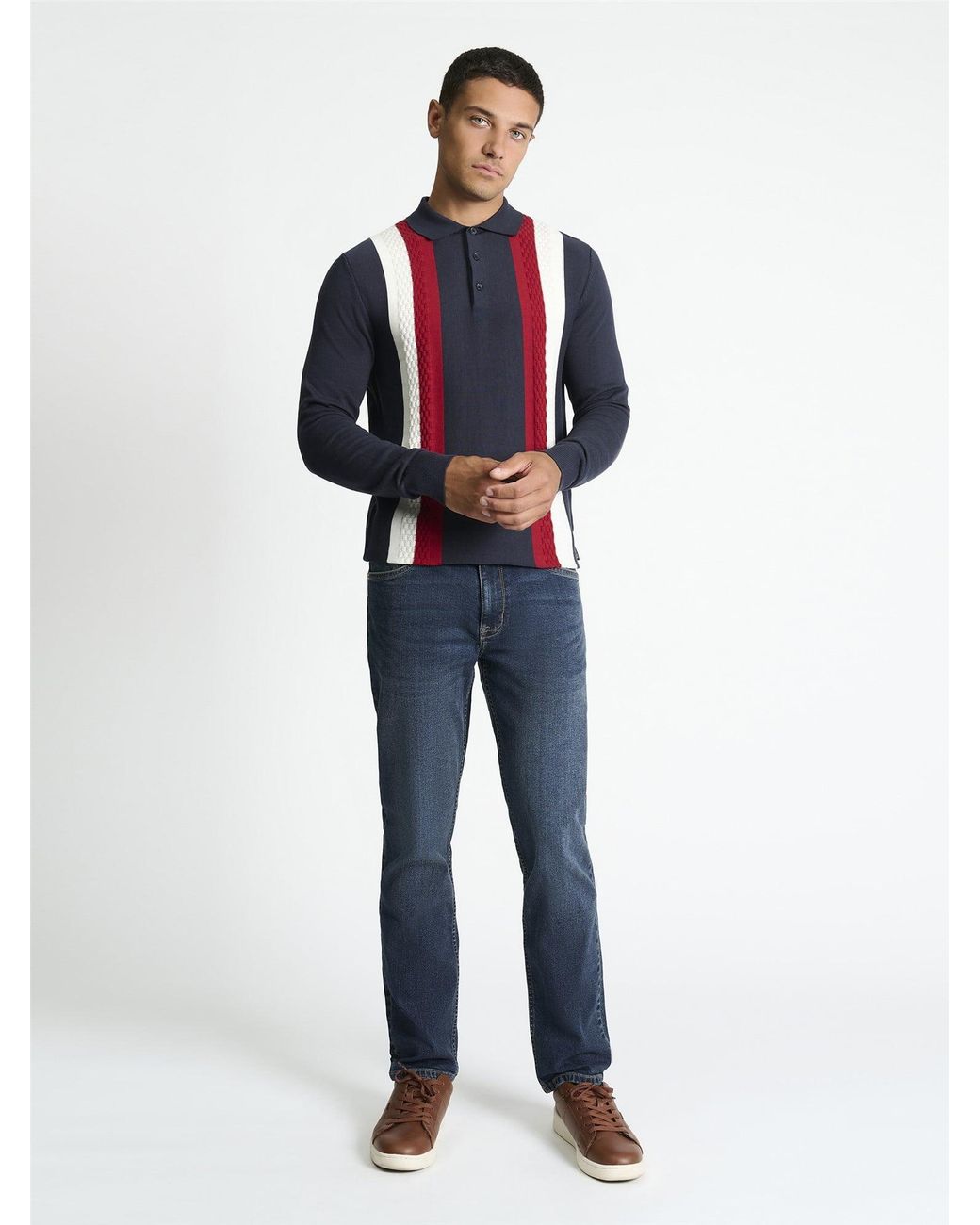 Ben Sherman Blue Long Sleeve Vertical Stripe Polo In Dark Navy for men