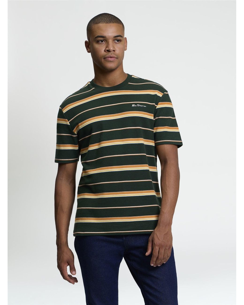 Ben Sherman Short Sleeve Heritage Pique Stripe Tshirt In Bottle Green for men