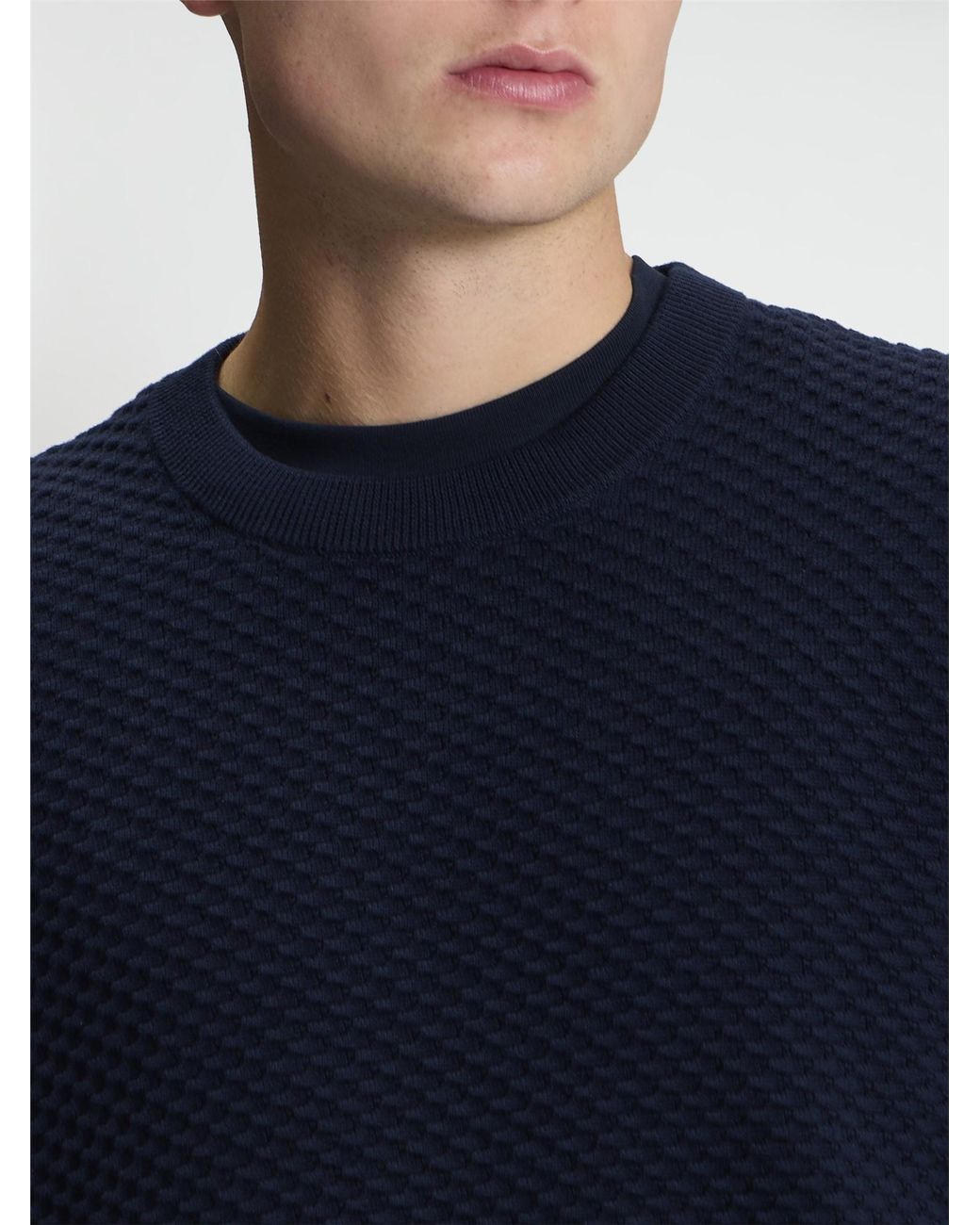 Ben Sherman Blue Long Sleeve Texture Front Crew Neck Jumper In Dark Navy for men
