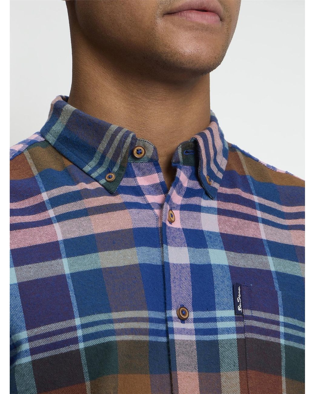 Ben Sherman Blue Long Sleeve Brushed Check Shirt In Multi Coloured for men