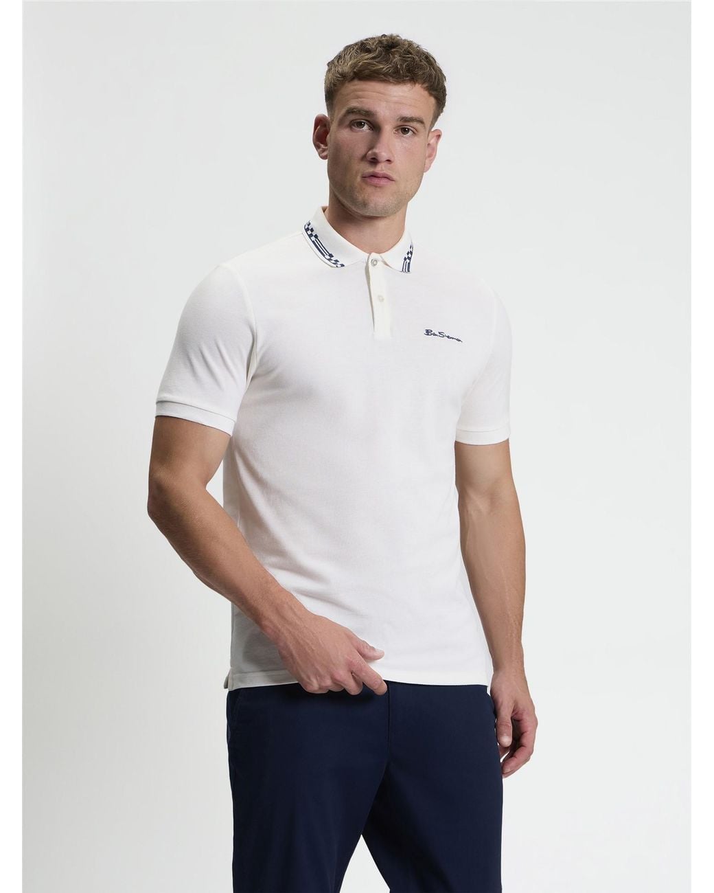 Ben Sherman White Short Sleeve Checkerboard Collar Polo In for men