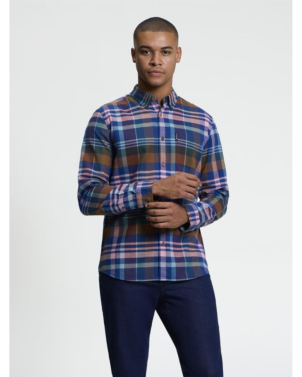 Ben Sherman Blue Long Sleeve Brushed Check Shirt In Multi Coloured for men