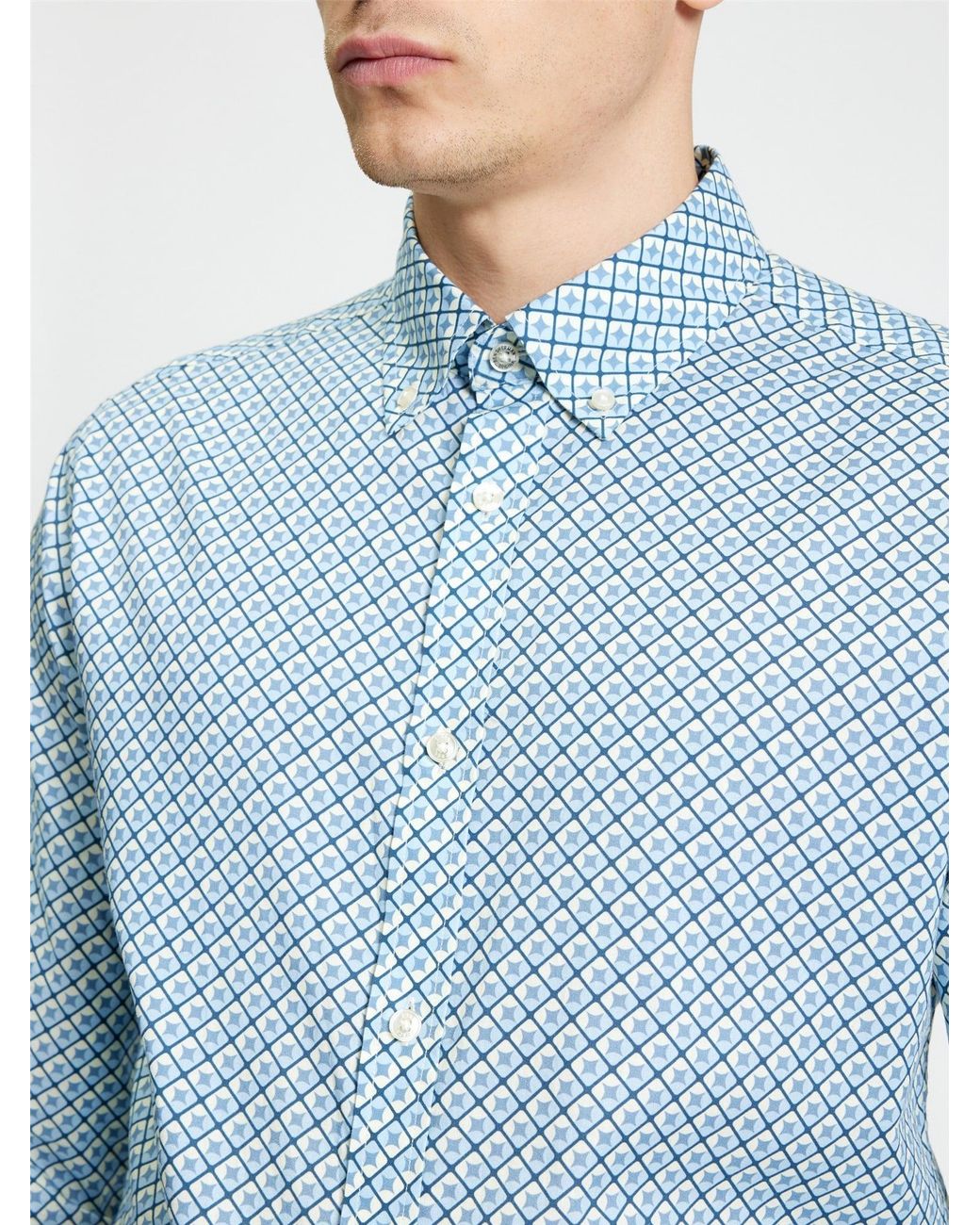 Ben Sherman Long Sleeve Split Geo Print Shirt In Powder Blue for men