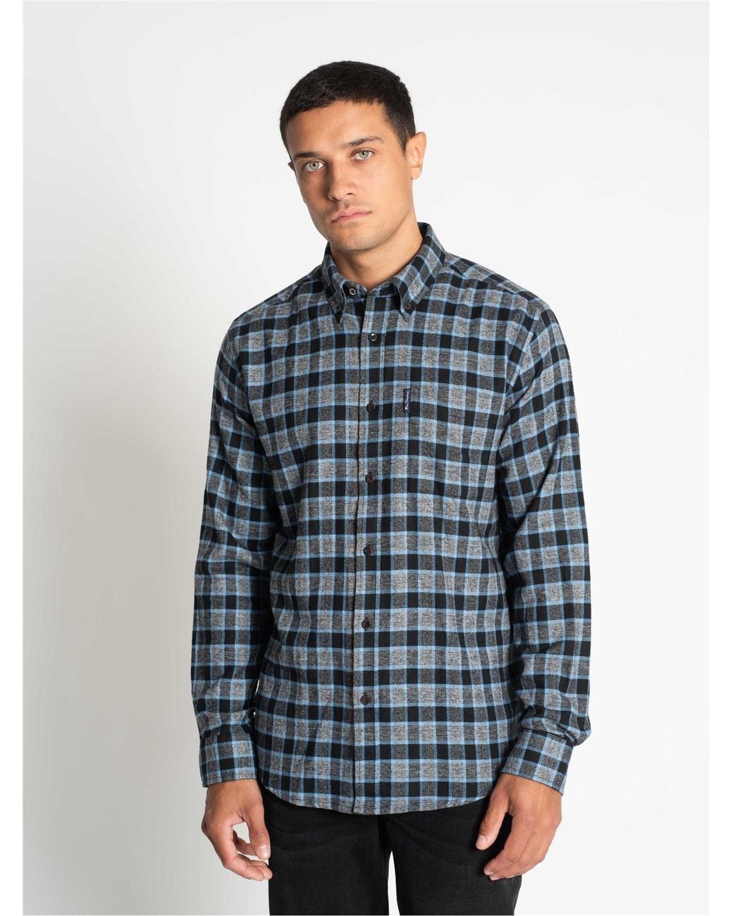 Ben Sherman Blue Long Sleeve Diffused Gingham Check Shirt In Slate for men