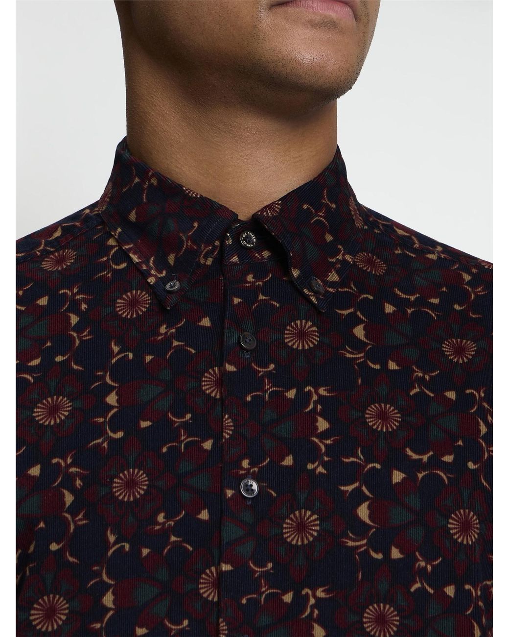 Ben Sherman Blue Long Sleeve Floral Print Cord Shirt In Dark Navy for men