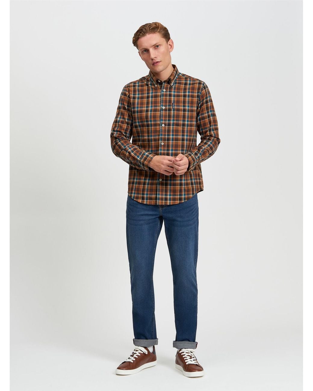 Ben Sherman Blue Check Brushed Flannel Shirt In Brown for men