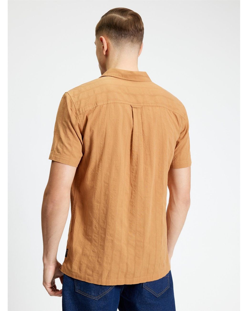 Ben Sherman Blue Short Sleeve Seersucker Texture Shirt In Fawn for men