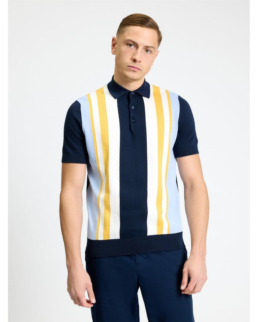Ben Sherman Blue Short Sleeve Vertical Stripe Knitted Polo In Dark Navy for men