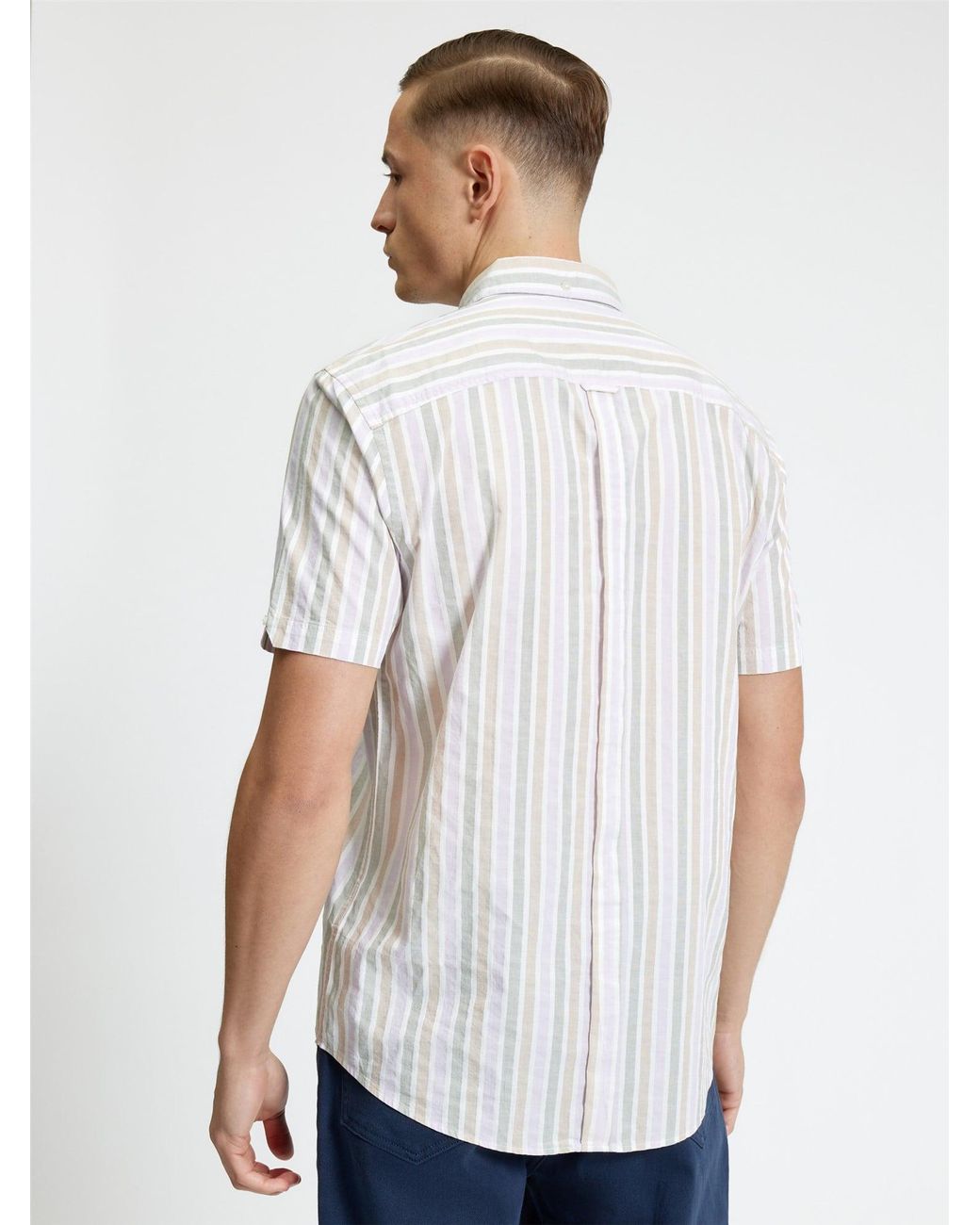 Ben Sherman Blue Short Sleeve Multicolour Candy Stripe Shirt In Snow White for men