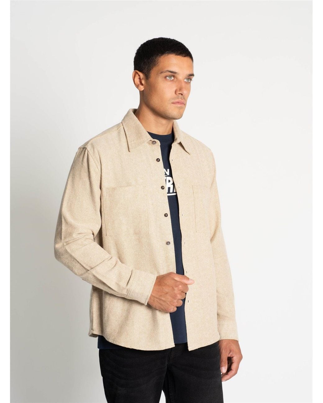 Ben Sherman Natural Long Sleeve Brushed Herringbone Overshirt In Bronze for men