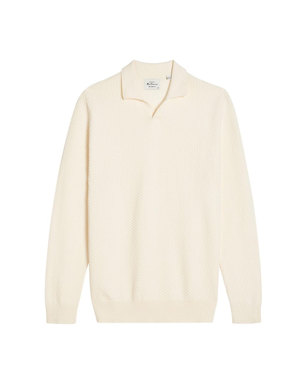 Ben Sherman White Long Sleeve Textured Open Neck Knitted Polo In Ivory for men