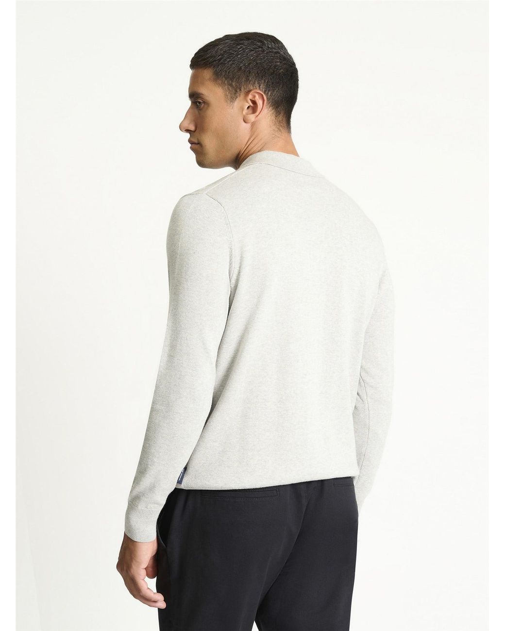 Ben Sherman White Long Sleeve Textured Polo In Grey Marl for men