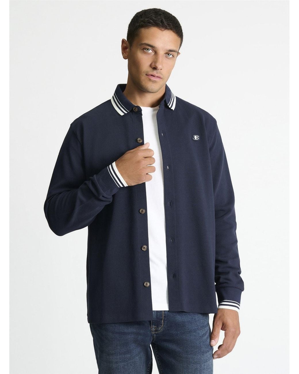 Ben Sherman Blue Tipped Long Sleeve Polo Shirt In Dark Navy for men