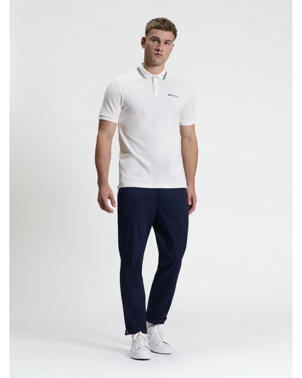 Ben Sherman White Short Sleeve Checkerboard Collar Polo In for men
