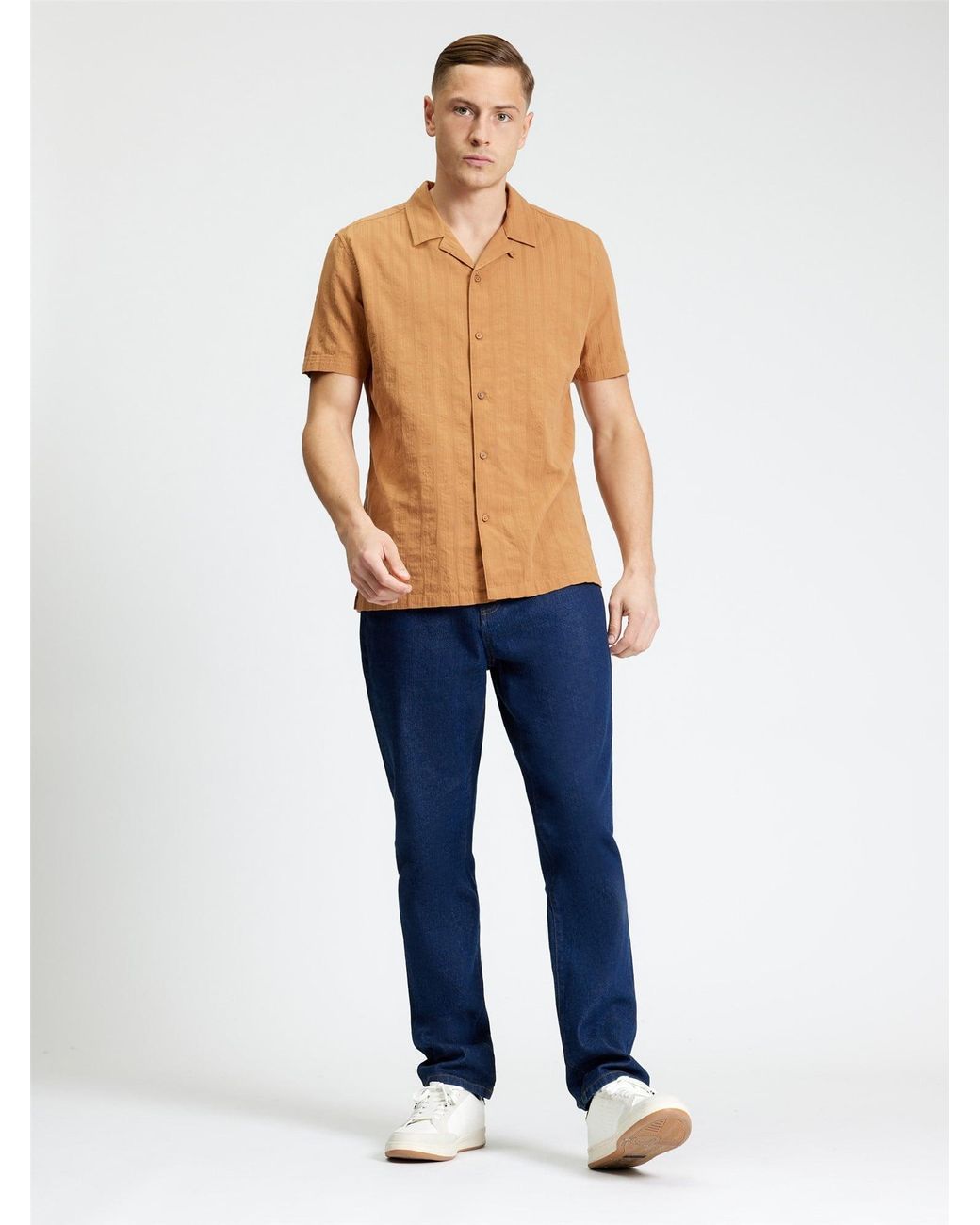 Ben Sherman Blue Short Sleeve Seersucker Texture Shirt In Fawn for men
