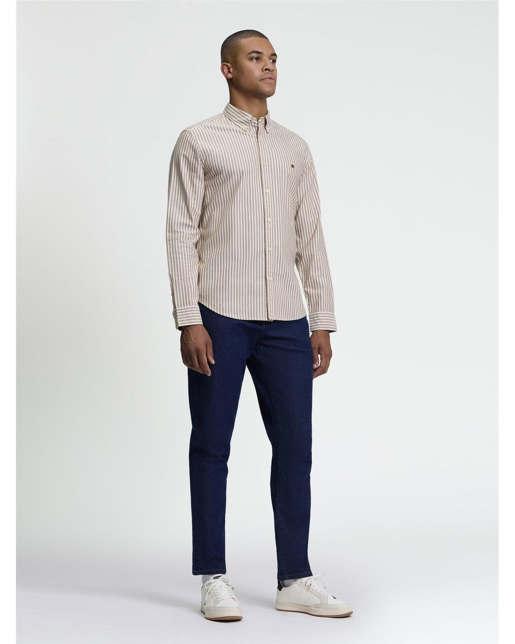 Ben Sherman Natural Long Sleeve Oxford Stripe Shirt In Brown for men