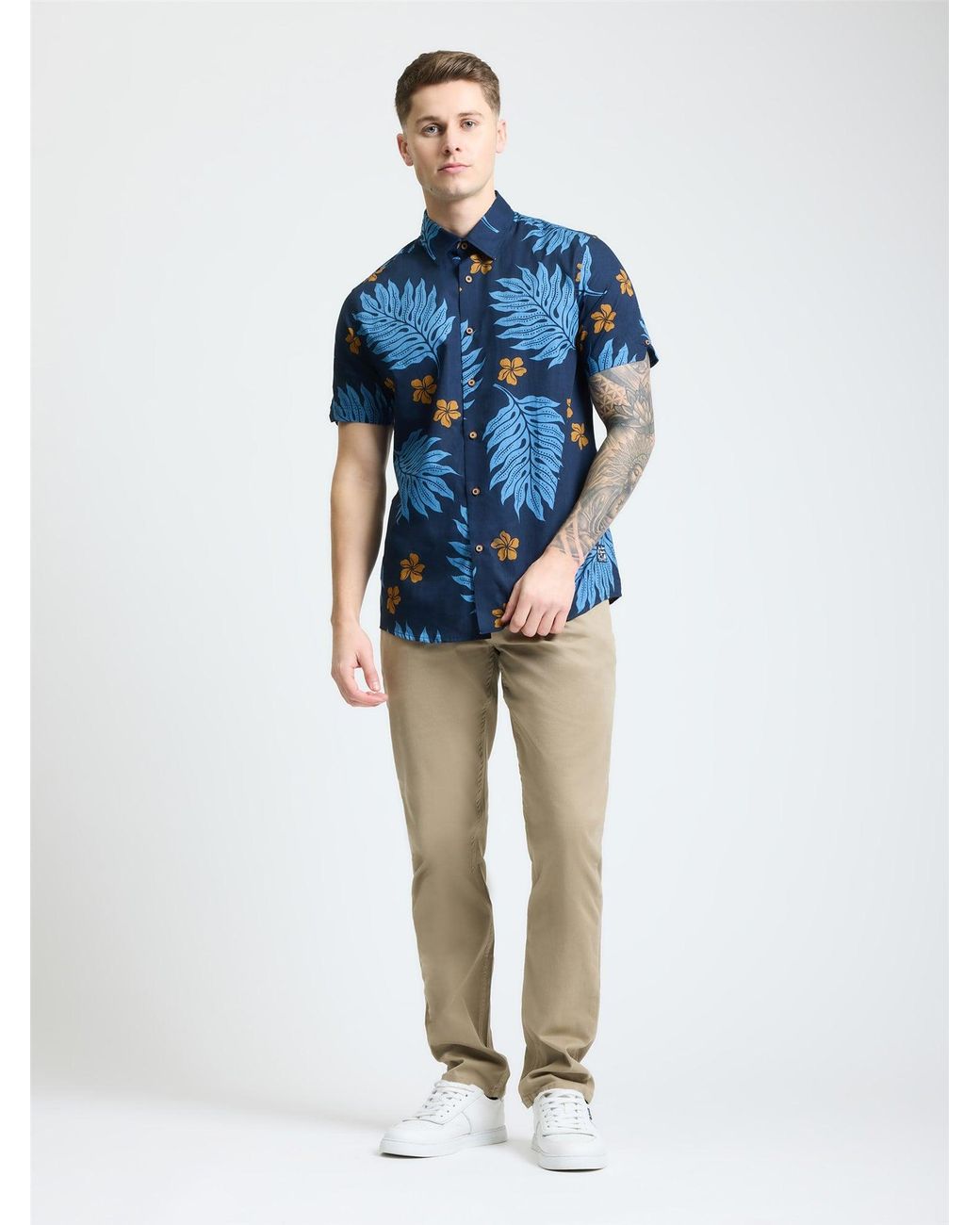 Ben Sherman Blue Short Sleeve Botantical Print Shirt In Dark Navy for men
