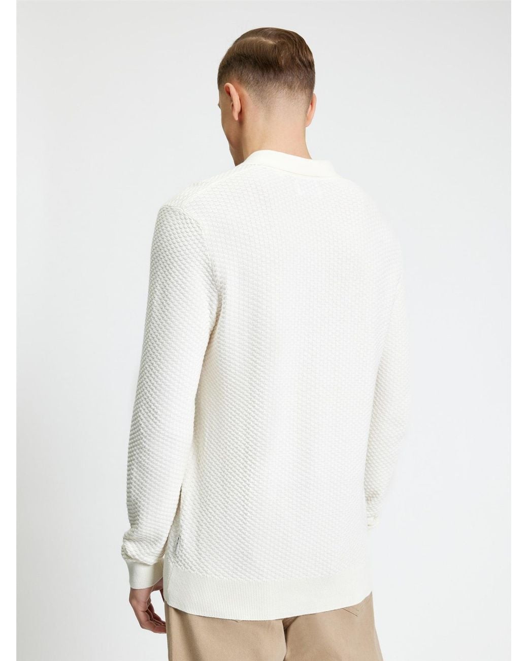 Ben Sherman White Long Sleeve Textured Open Neck Knitted Polo In Ivory for men