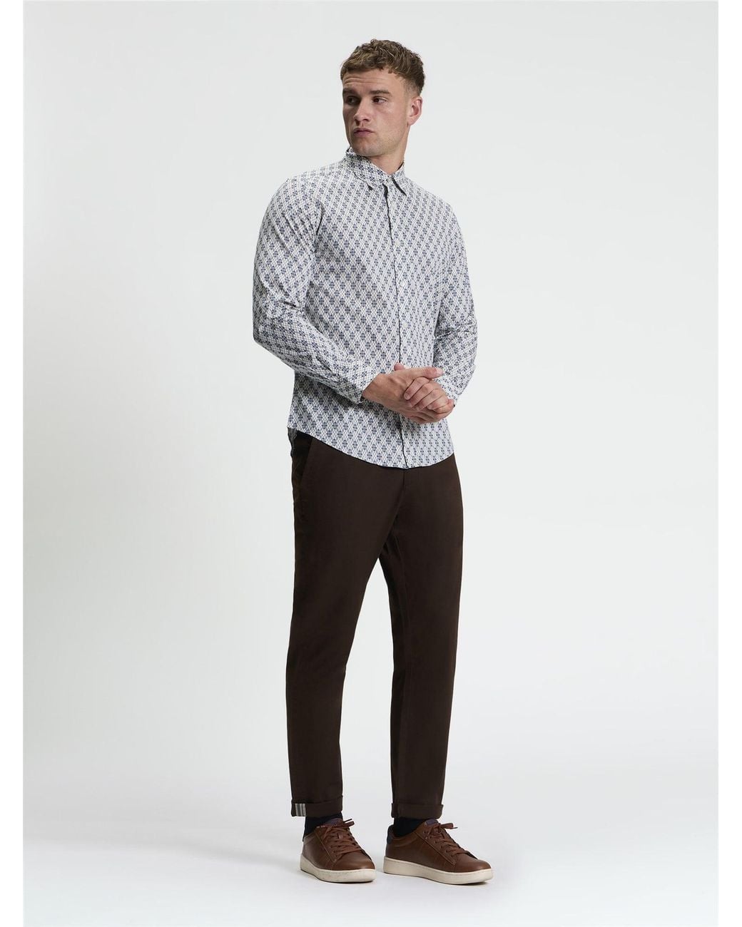 Ben Sherman Gray Long Sleeve Linear Geo Print Shirt In Off White for men
