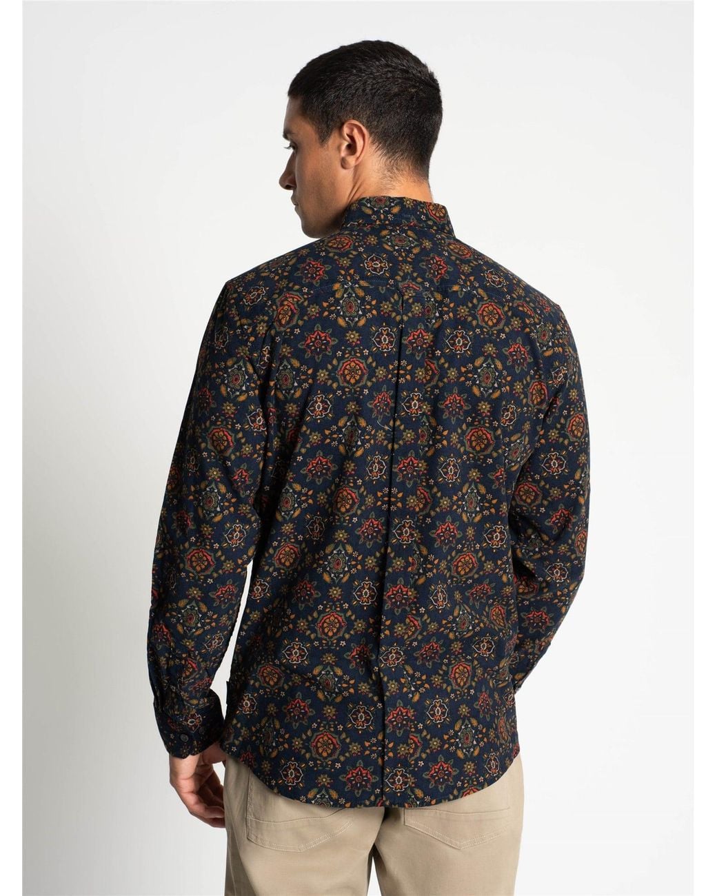Ben Sherman Black Long Sleeve Foulard Print Cord Shirt In Khaki for men