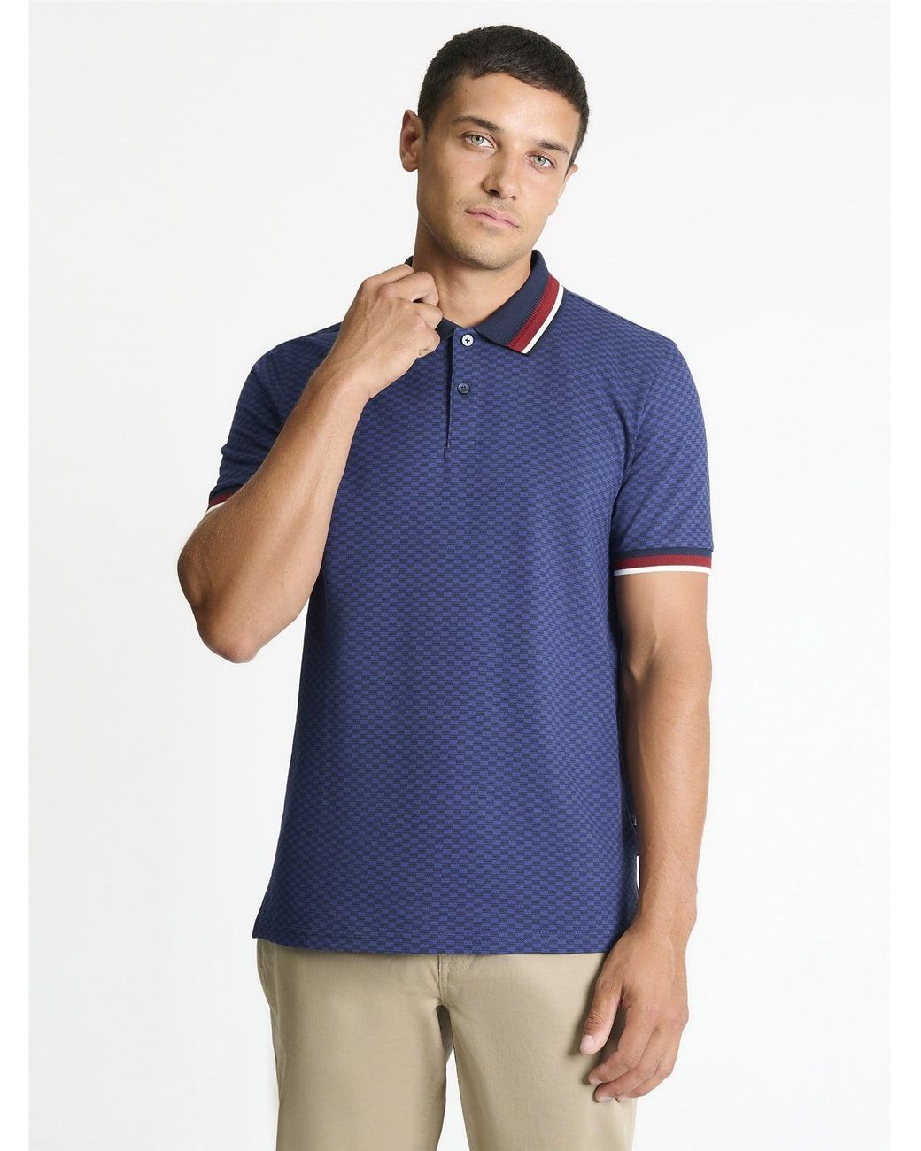 Ben Sherman Chequerboard Print Polo Shirt In Persian Blue for men